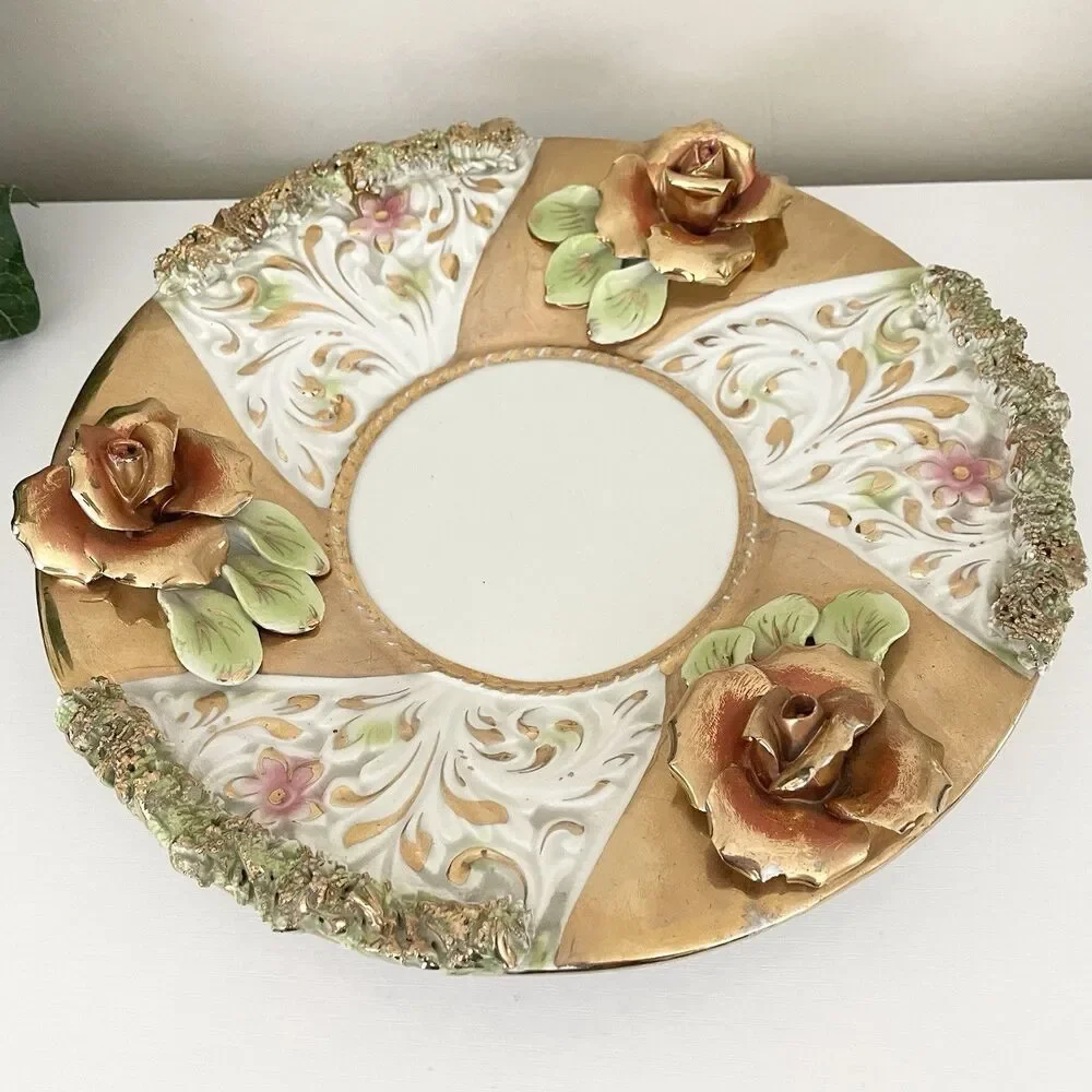 Vintage Capodimonte Vase Plate Set Italian Ornate Porcelain 12” MCM Handles Gold